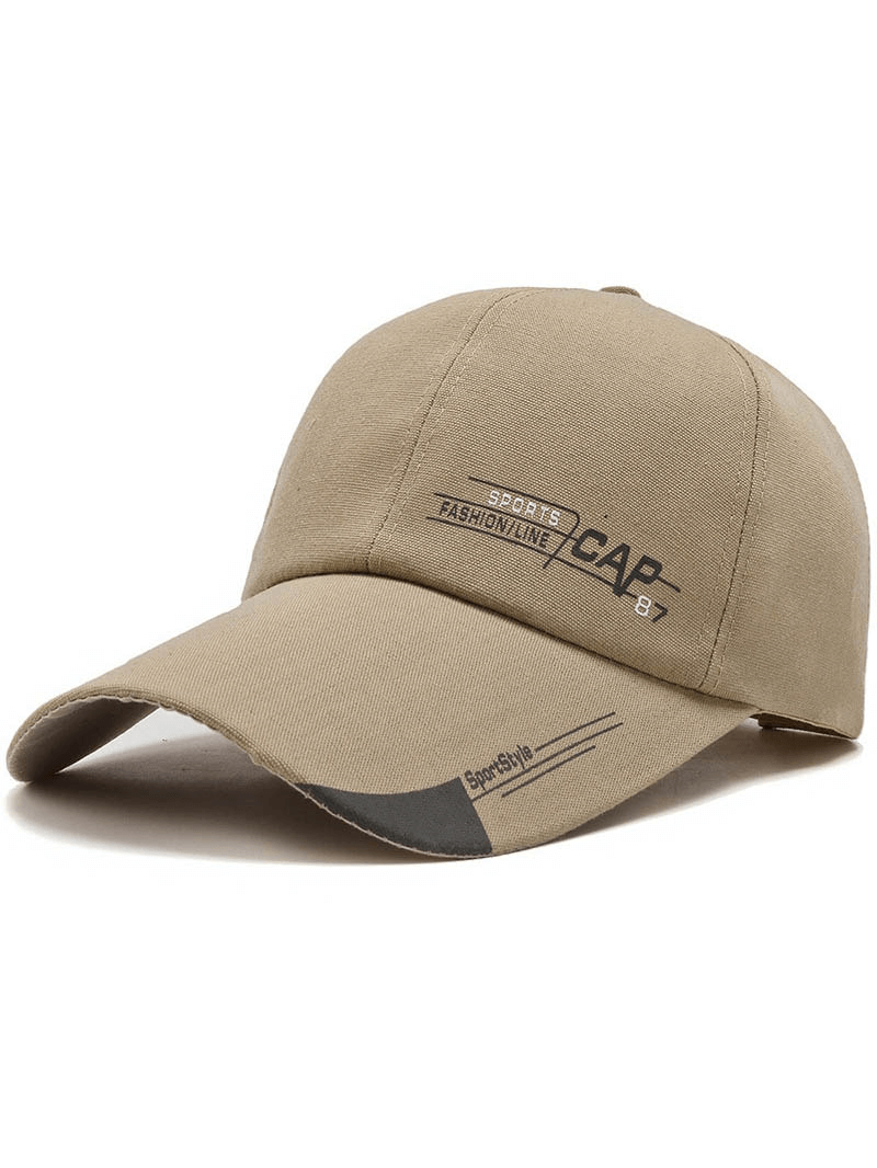 Fashion sports baseball cap with long brim, unisex design, beige color, adjustable strap, casual style, distinctive letter pattern, SF0796.